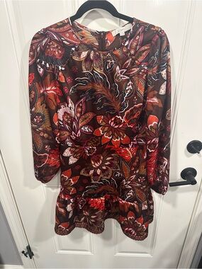 LOFT Brown and Red Paisley Floral Long-Sleeve Dress